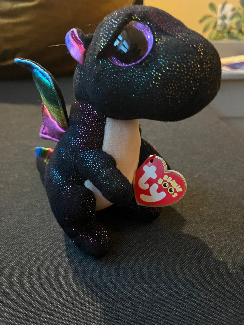 Ty Black Glitter Dragon with Rainbow Wings beanie baby